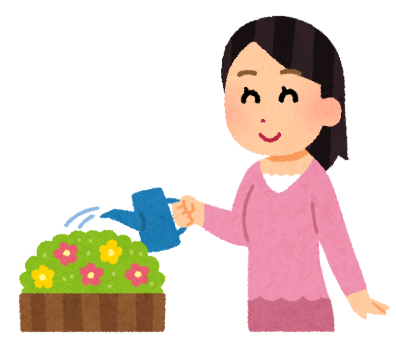お花に水やりをしている女性のイラスト