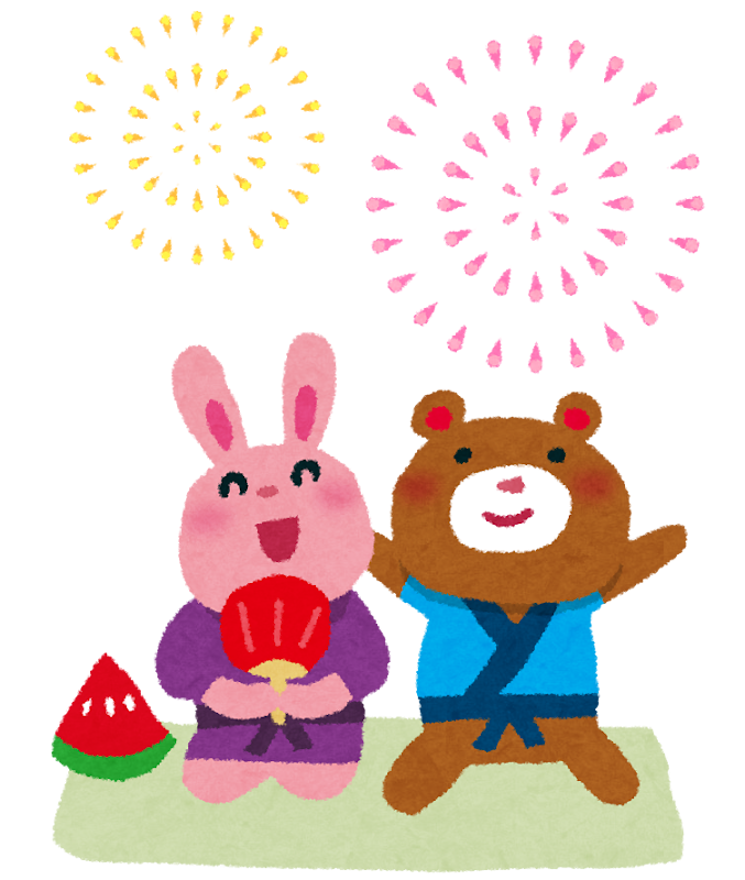 花火をたのしむうさぎとくまのイラスト 花火をたのしむうさぎとくまのイラスト
